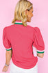 Southern Belle Colorful Trim V-Neck Puff Sleeve Blouse